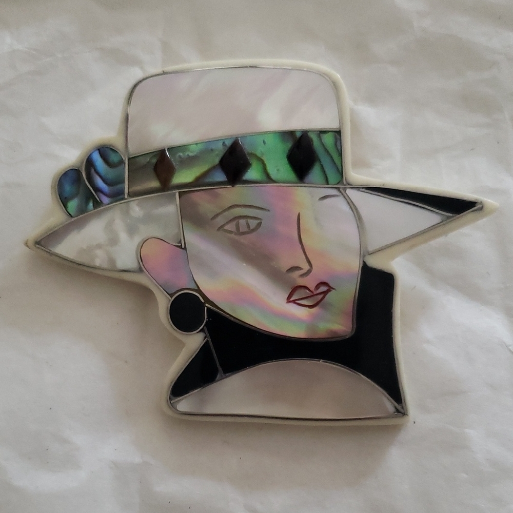 Vintage Karla Jordan brooch. Art Deco White and Black Brooch with Enamel Detail